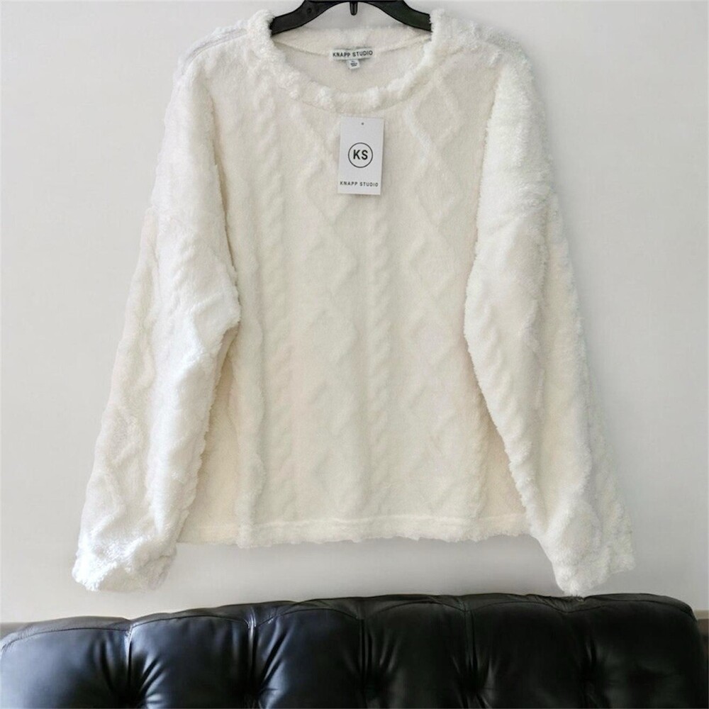 Knapp Studio Sweater Womens XL Ivory Faux Fur Plush Pullover Crewneck Cozy